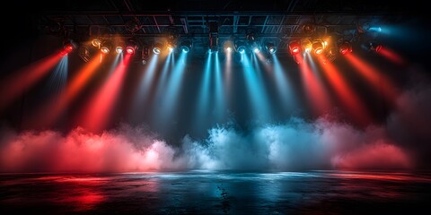 Empty stage is dramatically lit by intersecting red and blue spotlight beams from an overhead rig, with thick smoke and fog billowing across the reflective floor.