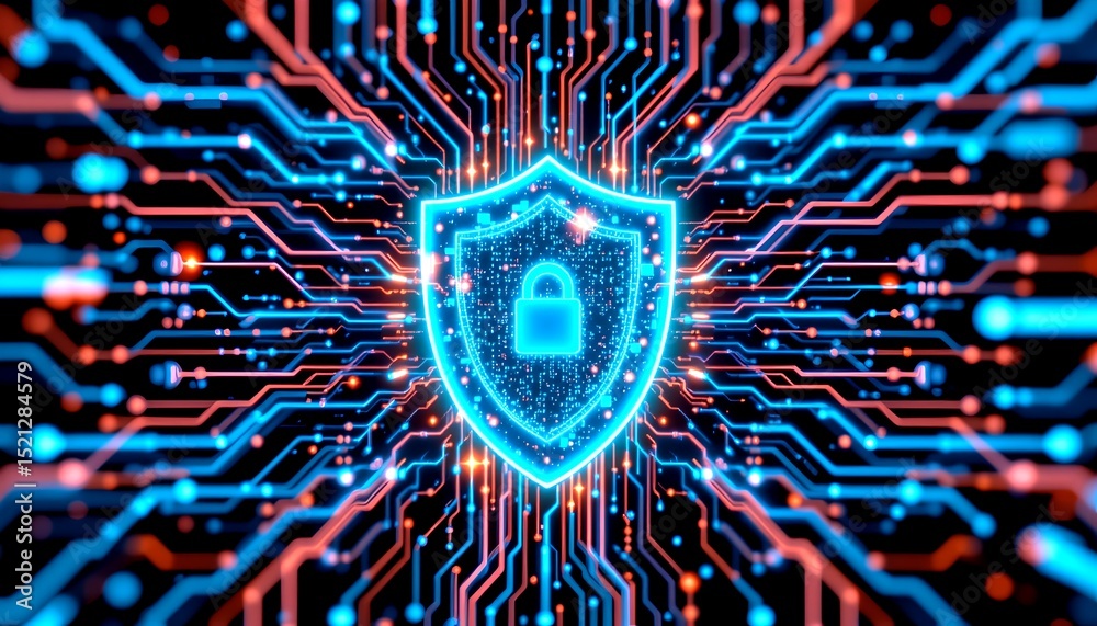 Poster cyber security shield, representing digital protection with a circuit board background, signifying d