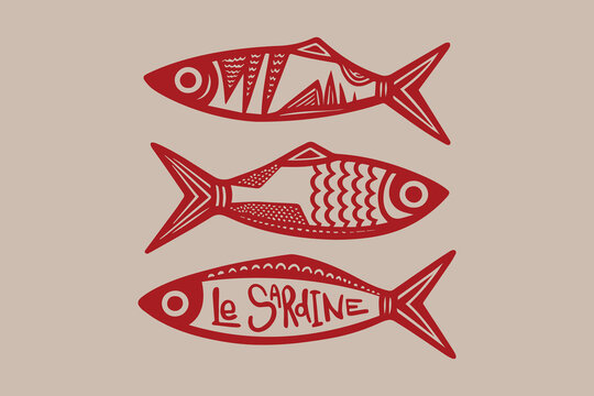 Red Hand-Drawn Sardine Illustration Trio with "Le Sardine" Text – Whimsical Fish Design for Packaging, Posters, Coastal Decor, or Branding with Folk Art Style and Playful Nautical Aesthetic
