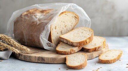 Naklejka premium Freshly baked sourdough bread loaf slices on wooden board food photography and wheat stalks still life