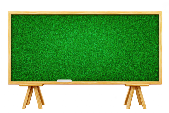 Large green chalkboard with wooden frame and two wooden stands is displayed, evoking sense of nostalgia and education. board surface is clean and ready for writing