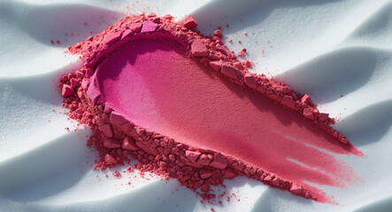 Fototapeta premium Vibrant pink powder blush with scattered particles on white background
