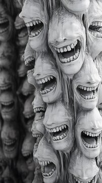Many faces in a row laugh with open mouths.