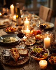 Naklejka premium family holiday dinner table with candles, food and wine, warm atmosphere