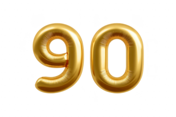 Gold foil balloons shaped as number 90 on transparency background, perfect for celebrating milestone birthday or anniversary with festive and elegant touch