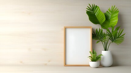 Minimalist Scandinavian inspired office with simple frame and plants