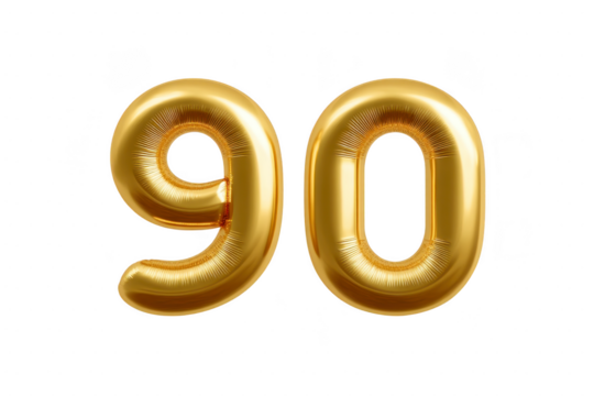 Gold foil balloons shaped as number 90 on transparency background, perfect for celebrating milestone birthday or anniversary with festive and elegant touch