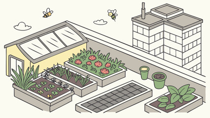 Rooftop garden with various plants, flowers, solar panels, a small building, and bees flying around it