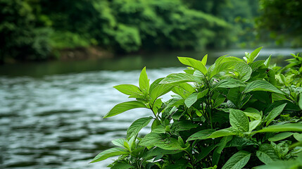 Fresh Green Plants By River In Forest