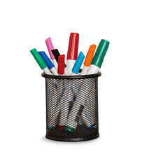 A metal basket pen holder, desk tidy, with coloured whiteboard marker pens isolated against a transparent background.