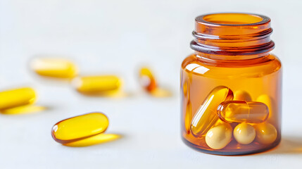 Amber Glass Bottle Filled With Yellow Capsules On Light Background