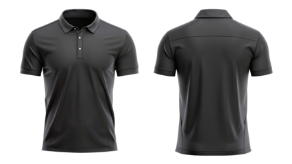 Front and back view of a dark gray polo shirt with white buttons on a black background showing detail