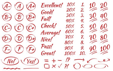 Exam score and grade marks set. English test exam red pen mark. School teacher test. Exam scores and grades in doodle outline hand drawn style.