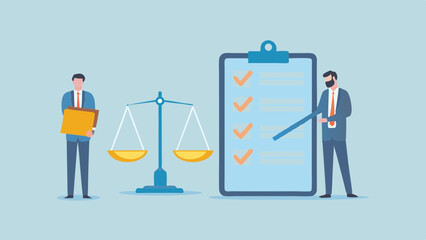 Two men with scales and checklist representing legal compliance and business ethics and justice issues