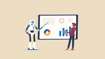 Robot presenting data on screen with human holding tablet near bar graph and pie chart shown