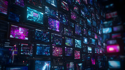 Futuristic Digital Wall with Glowing Screens