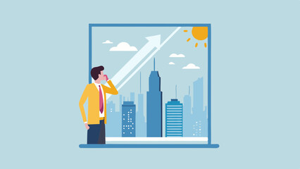 Man in yellow jacket looking at city skyline through window with sun and upward arrow reflection