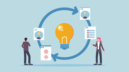 Illustration of a bulb at the center of a circular process with two people on either side