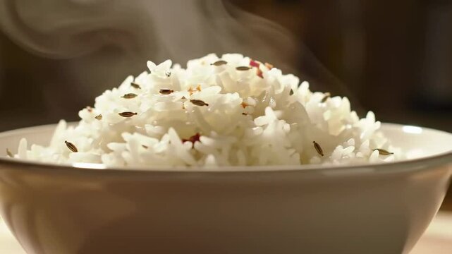 Cinematic close-up orbit of steaming basmati rice with toasted spices in white bowl