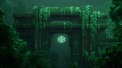 Mysterious Pixelated Gateway Through Verdant Forest