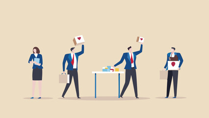 Business people with boxes and a table in a flat design with a woman holding a file standing by