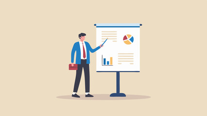 Illustration of a businessman presenting data on a whiteboard with charts and graphs display