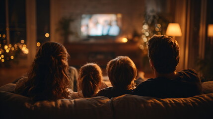 family watching movie together in living room, warm light, emotional connection