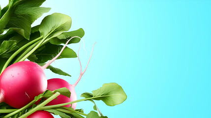 Fresh Pink Radishes With Green Leaves On Blue Background