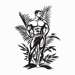Muscular Man standing on a beach with palm trees in the background image vector