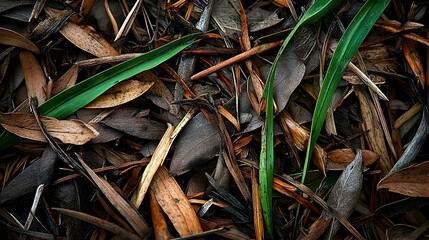 Close Up View Of Forest Floor With Dried Leaves And Green Plants