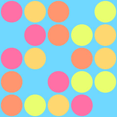 A vibrant pattern of circles in pink, orange, and yellow on a light blue background. A playful and colorful design.