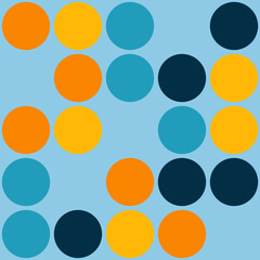 A pattern of circles in various colors—yellow, orange, turquoise, and dark blue—set against a light blue background.