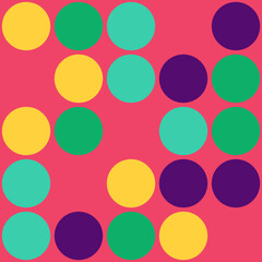 A vibrant pink background featuring a pattern of overlapping circles in yellow, green, turquoise, and purple.