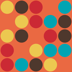 Pattern of colorful circles in red, blue, yellow, and brown on an orange background, creating a vibrant geometric design.