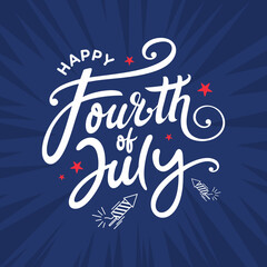Happy Fourth of July Hand drawn Calligraphic Logo, 
Banner, Social Media Post for for United States 
Independence Day 4th of July Offers, Web banner, 
Vector Patriotic star burst rays