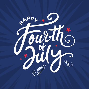 Happy Fourth of July Hand drawn Calligraphic Logo, 
Banner, Social Media Post for for United States 
Independence Day 4th of July Offers, Web banner, 
Vector Patriotic star burst rays