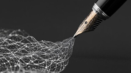 Fountain Pen and Abstract Digital Patterns on Black Background