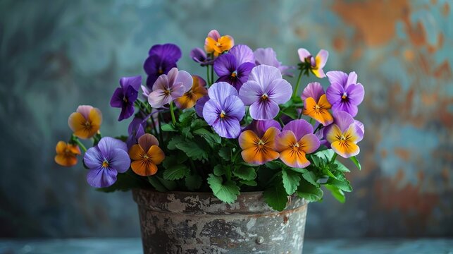 Vibrant Pansies in Rustic Pot Colorful Spring Flowers in Bloom