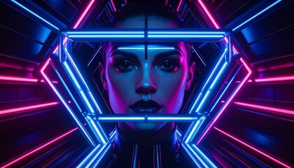 Minimalist Abstract Portrait with Neon Light on Pale Face and Symmetrical Black and White Makeup