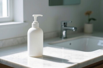Shampoo bottle with pump dispenser on bathroom counter