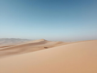 Desert Serenity: A breathtaking expanse of undulating sand dunes stretches towards the horizon under a clear blue sky, creating a serene and awe-inspiring desert landscape.
