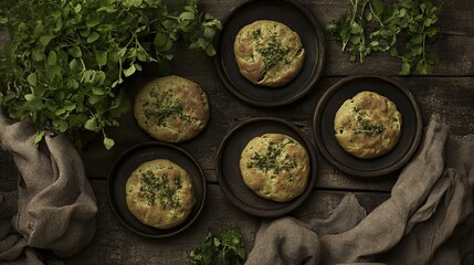 Herb flatbreads rustic wooden table overhead shot
