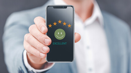 Businessman show five-star customer service feedback review on smartphone.