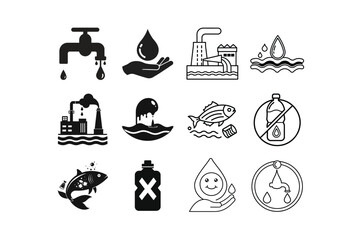 Water pollution icons set tap water industrial waste plastic pollution and clean water, water, pollution, icons, set, tap, water tap, faucet, industrial