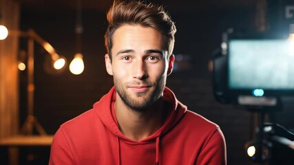 Cheerful young man recording podcast in studio with copy space. Smiling caucasian man talking on web radio. Social media influencers or content maker concept in relaxed casual style at home. - Powered by Adobe