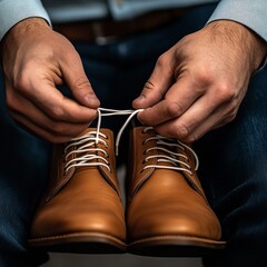 Close-up of a man tying brown leather dress shoe laces, focusing on hands and shoe details, showcasing classic men's footwear and preparation for formal occasions