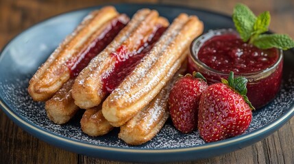 Delicious Churros with Strawberry Jam and Fresh Strawberries a Sweet Treat