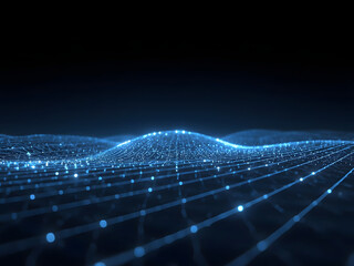 Digital Waveform Visualization: An abstract representation of data flow, with shimmering blue particles forming undulating waveforms.