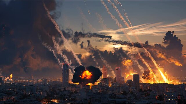 City Under Missile attack Barrage at Dusk