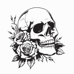 Vintage skull head with red roses image vector isolated on white background.